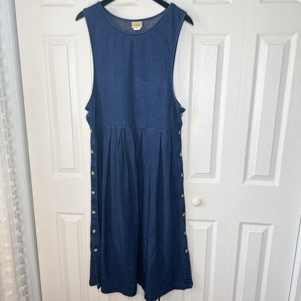 VTG 90s LL Bean Denim Jumper Dress Womens P14 Pinafore Pleated Maxi Cottagecore